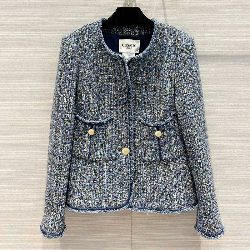 

Autumn Runway Tweed Jacket Women 22 Vintage O Neck Long Sleeve Wool Weave Outwear High Quality Denim Blue Office Lady Coat Top