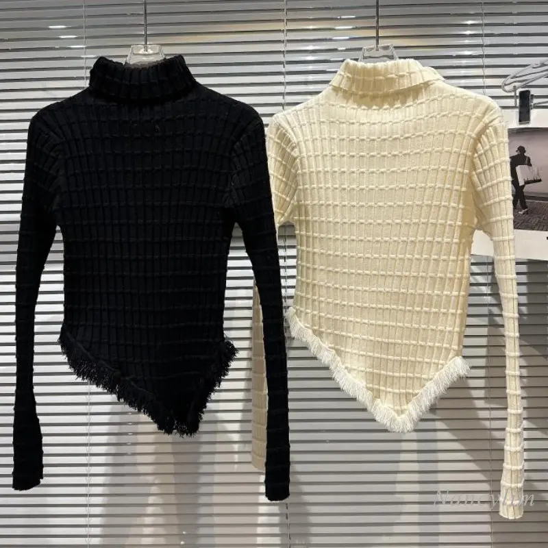 

Irregular Tassel Sweater Women 2022 Autumn Winter New Turtleneck Stretch Slim Sweaters Long Sleeve Knit Top Undershirt