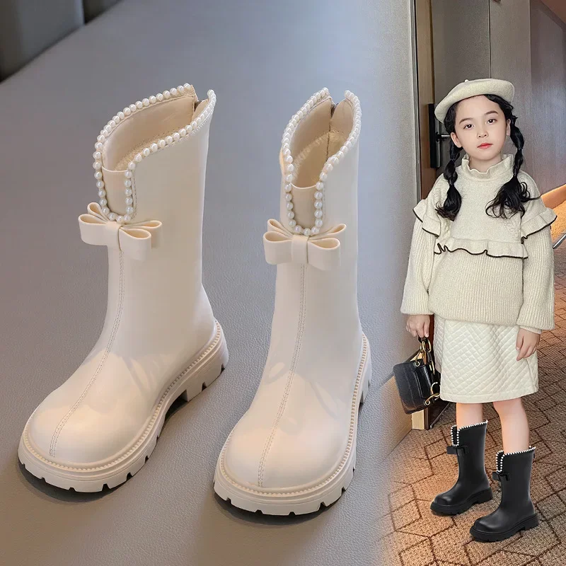 

Winter Girls High Boots Kids Fur Shoes Bowtie Children Plush Bootes for 4-9Y PU LEATHER BLACK,WHITE,XHXL-2033