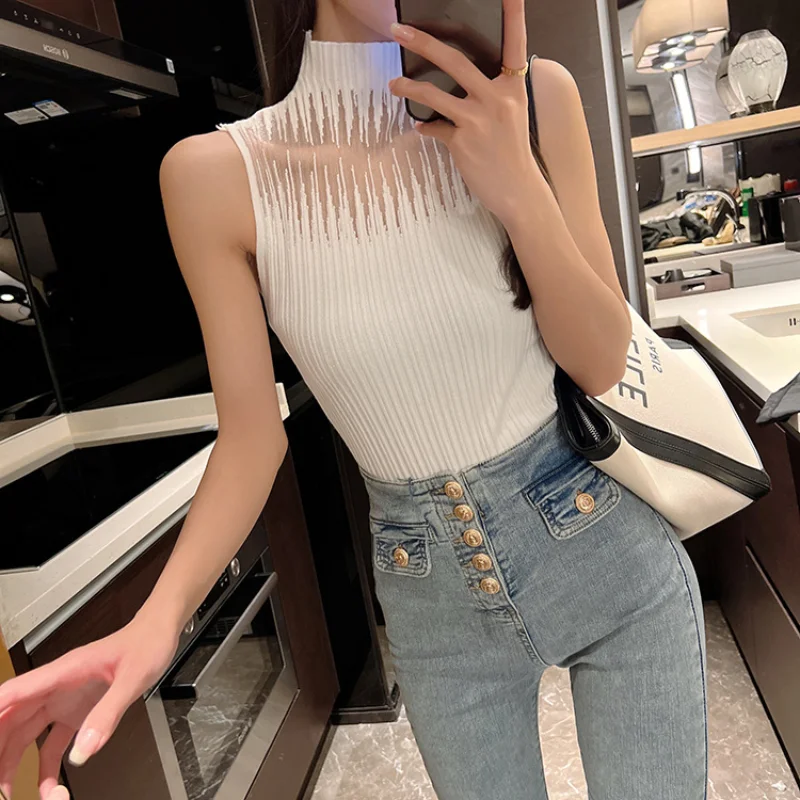 Solid Slim Thin Sleeveless Knit Sweater 2023 Spring Summer New Half High Neck Shirt for Women Elegant Blouse Blusas Sexy Camis