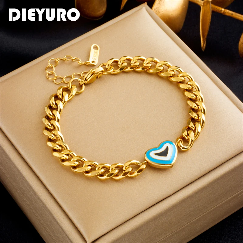 

DIEYURO 316L Stainless Steel Gold Silver Color Heart Charm Bracelet For Women Girl New Trend Thick Chain Lady Bangles Jewelry