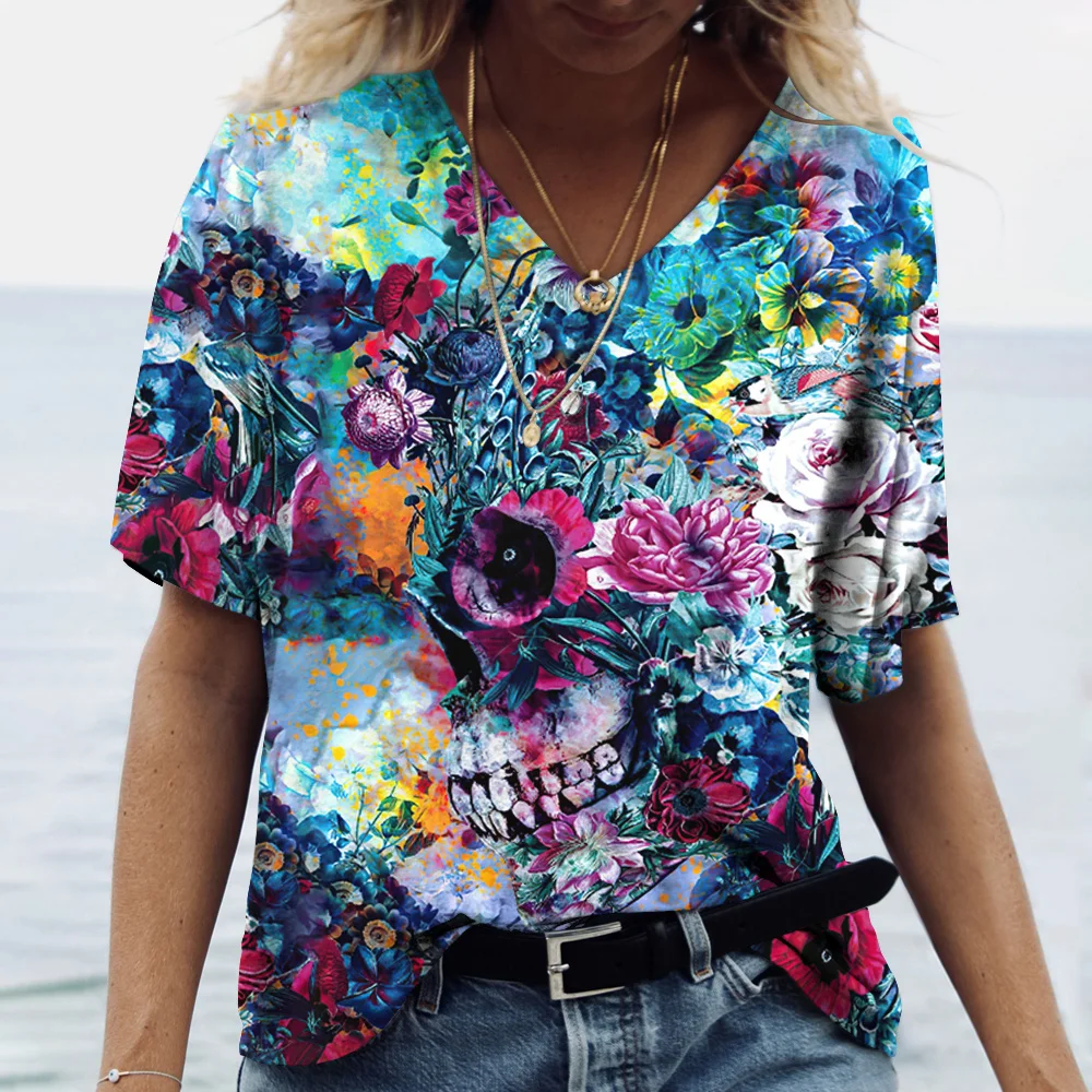 

2022 T Shirt For Women Cotton Skull Women's Shirt Fashion Short Sleeve New Casual Tops Tee Ladies Girl Clothing V Neck Shirts