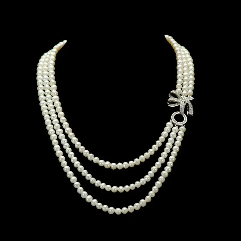 

AAA New 7-8mm white freshwater pearl micro inlay zircon buckle accessories pendant necklace long 45-50cm
