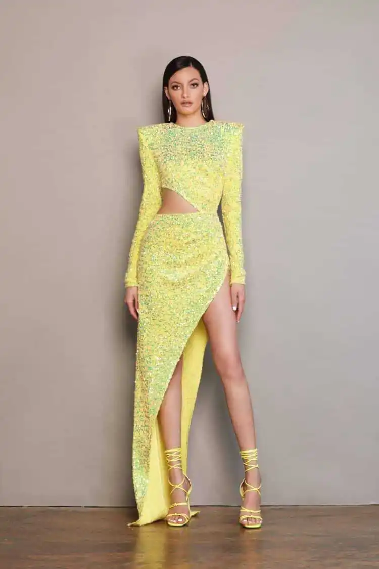 

Женское вечернее платье с блестками, облегающее Привлекательное платье с длинным рукавом и разрезом сбоку, модель 2022