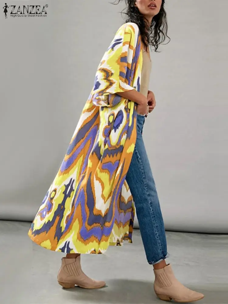 

ZANZEA Women Fashion Cardigans 2022 Summer Shirts Prined Tops Fashion 3/4 Sleeve Party Tops Loose Kimono Tunic Oversized Camisas