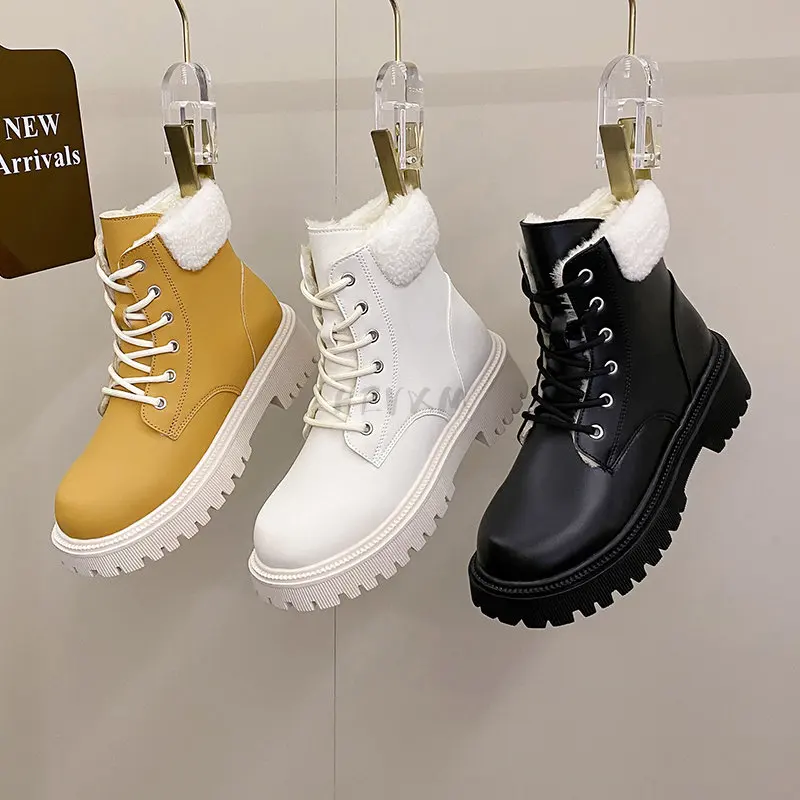 

Winter White Ankle Boots For Women 2023 New Fashion Yellow Fur Plush Combat Boots Women Lace Up Black Platform Punk Gothc Shoes