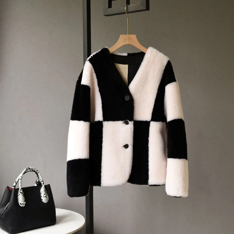 Lamb Wool Coat Autumn Winter 2022 Korean Chic Women Checkerboard Wool Grain Cashmere Lamb Fur Coat Fashion Casual Lady Jackets