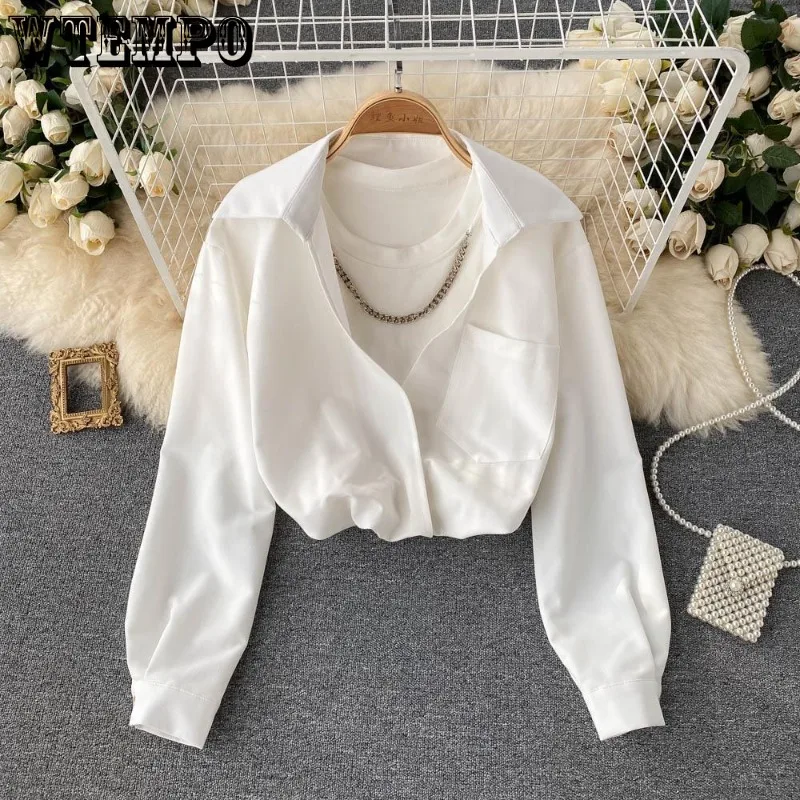 

Polo Collar Fake Two Shirts Women's Short Top Chain Decoration Elastic Waistline Commuting Korean Fashion American Style Autumn