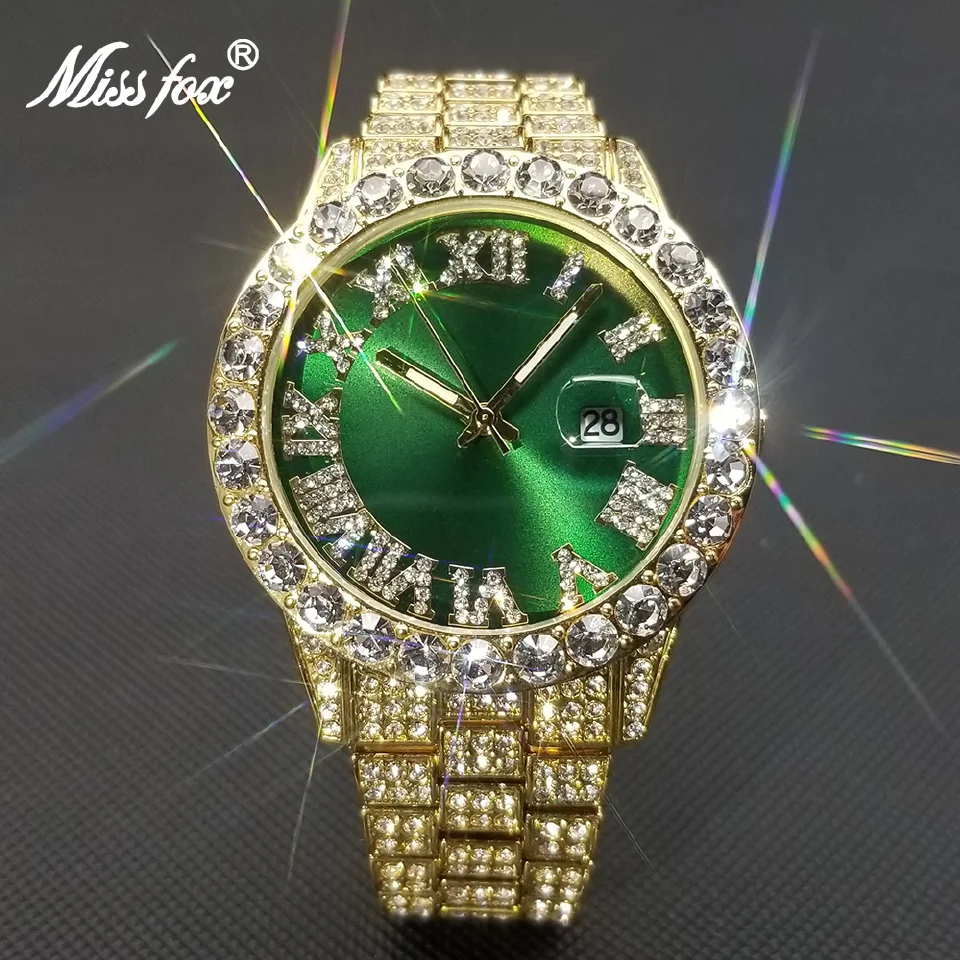 

MISSFOX Ice Out Men Watches Top Brand Luxury Diamond Gold Quartz Wristwatch Fashion Hip Hop Luminous Waterproof Green Clock 2022