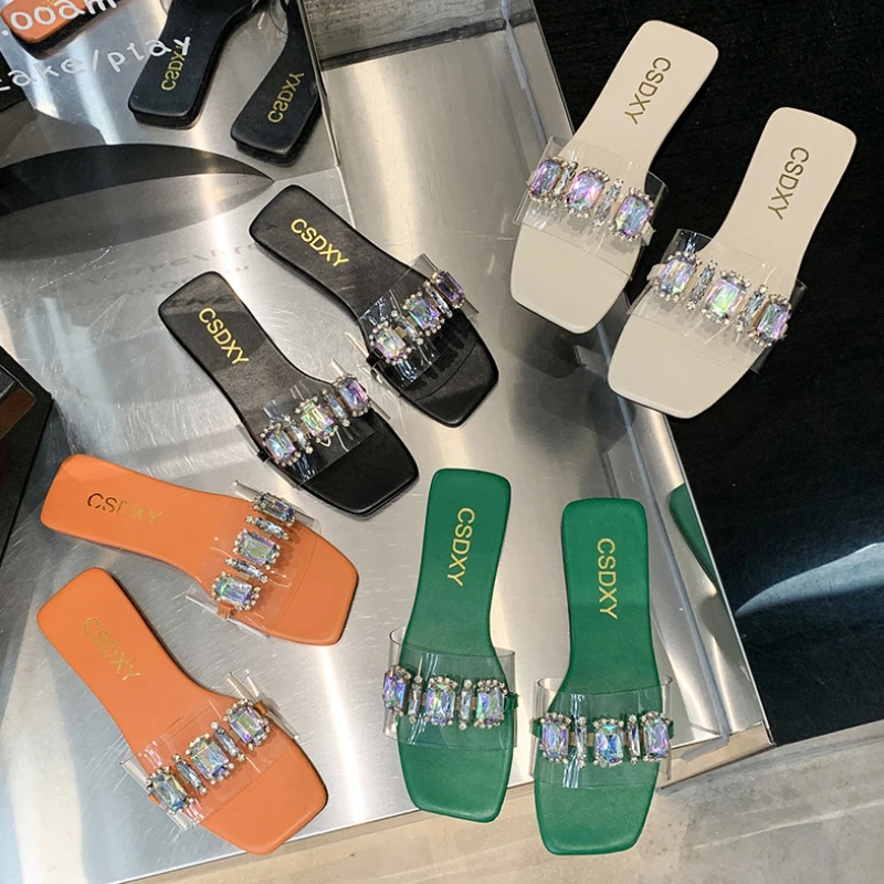 

Sequin Rhinestone Slippers Summer Korean Style Square Head Beach Open Toes Plus Size Women's Shoes Sandalias De Mujer 2022