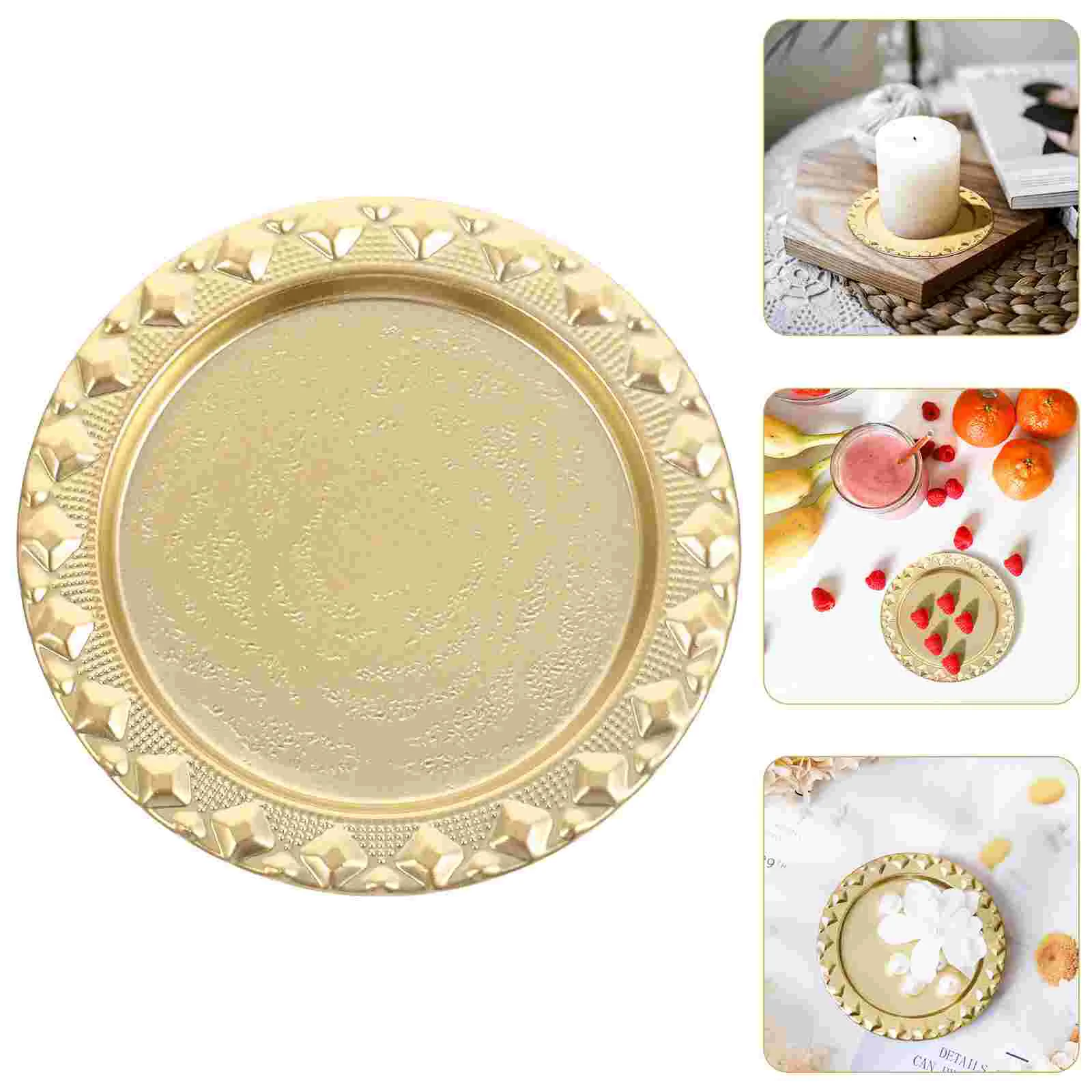 

Trayplate Trays Holder Jewelry Dish Plates Servingpillar Vintage Weddingmetal Decorative Vanity Tea Roundcomestics Gold Dinner
