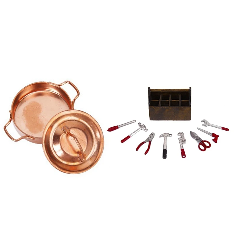 

1/12 Dollhouse Miniature Kitchen Copper Pot With Lid & 1/12 Dollhouse Miniature Wooden Box With Metal Tool Set