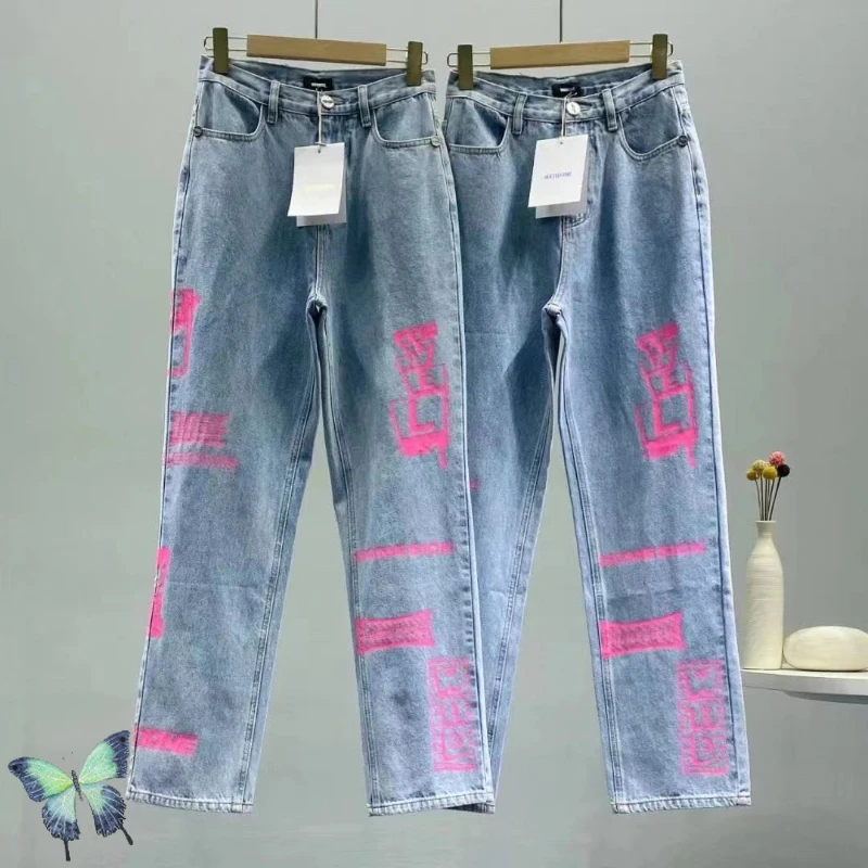 

Straight Loose Let Welldone Denim Jeans WE11DONE Printed Fluorescent Logo Graffiti Denim Trousers Pants