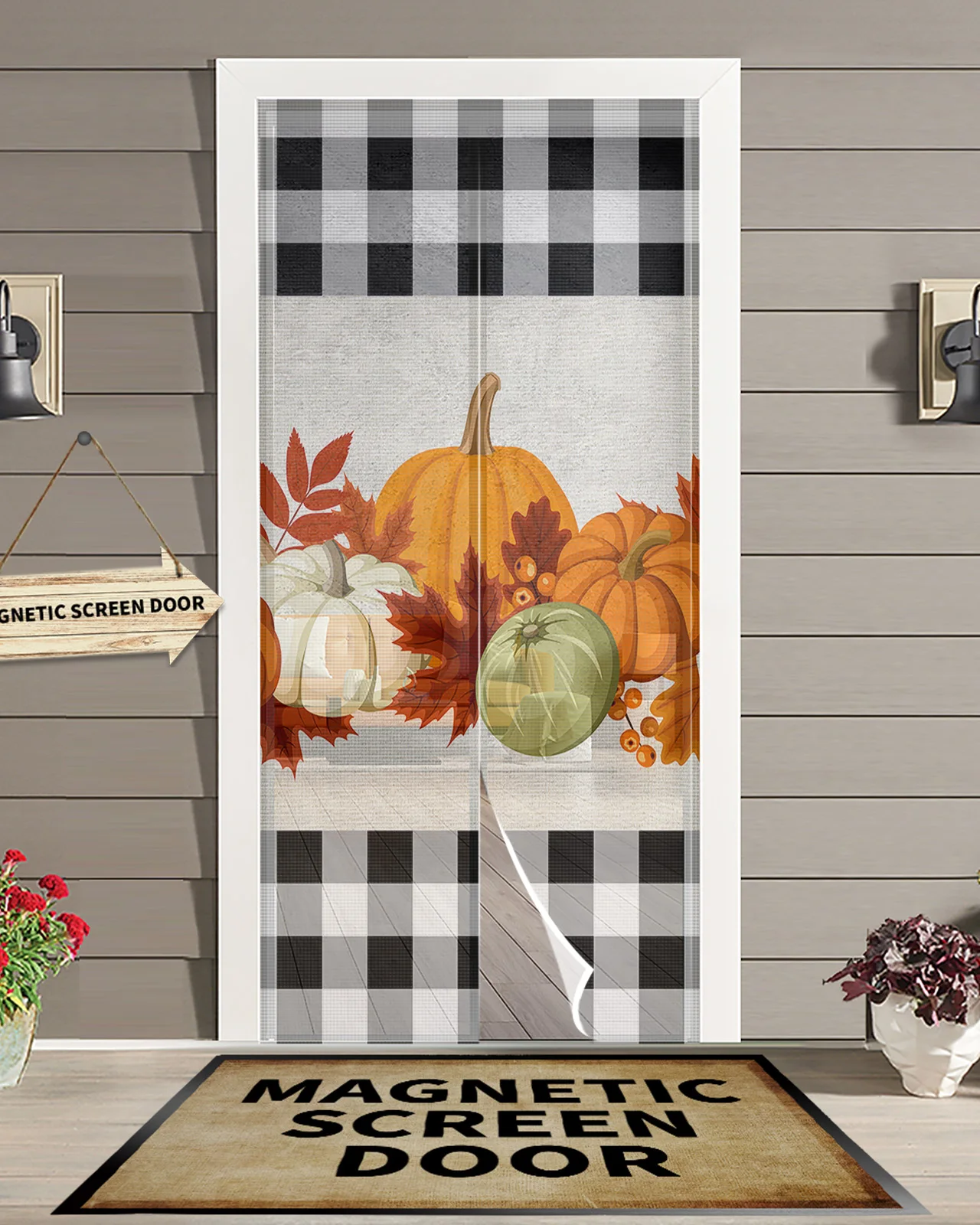 

Fall Thanksgiving Plaid Pumpkin Maple Leaf Anti Mosquito Gauze Door Curtain Magnetic Door Screen for Bedroom Summer Door Screens