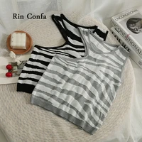 rin confa zebra stripe printing thin vest summer new style unique irregular sense of design women top fashion retro short top
