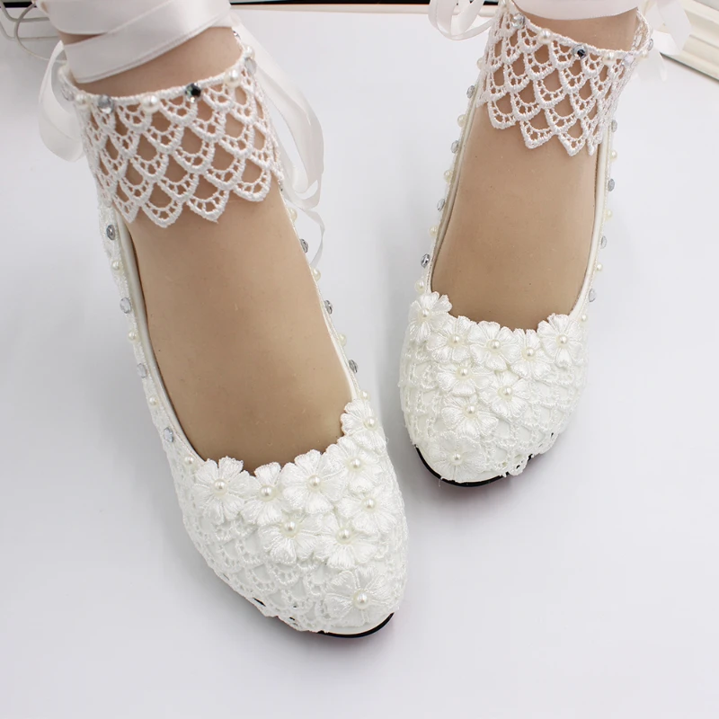 

Lace High-heeled Wedding Shoes 2021 New White Wedding Dress Bridal Shoes European and American Style Lace Lace-up Wedding