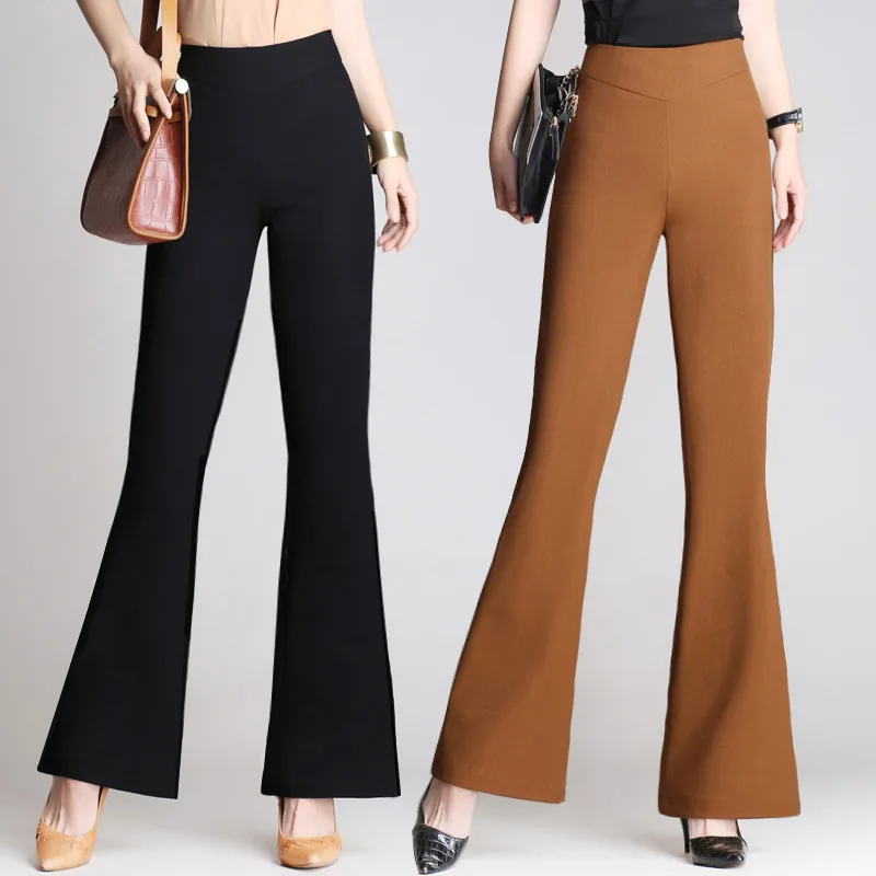 Autumn Winter Office Lady Fashion Long Flare Pants Solid High Waist Elastic Band Slim 4XL Professional Woman Wide Leg Trousers