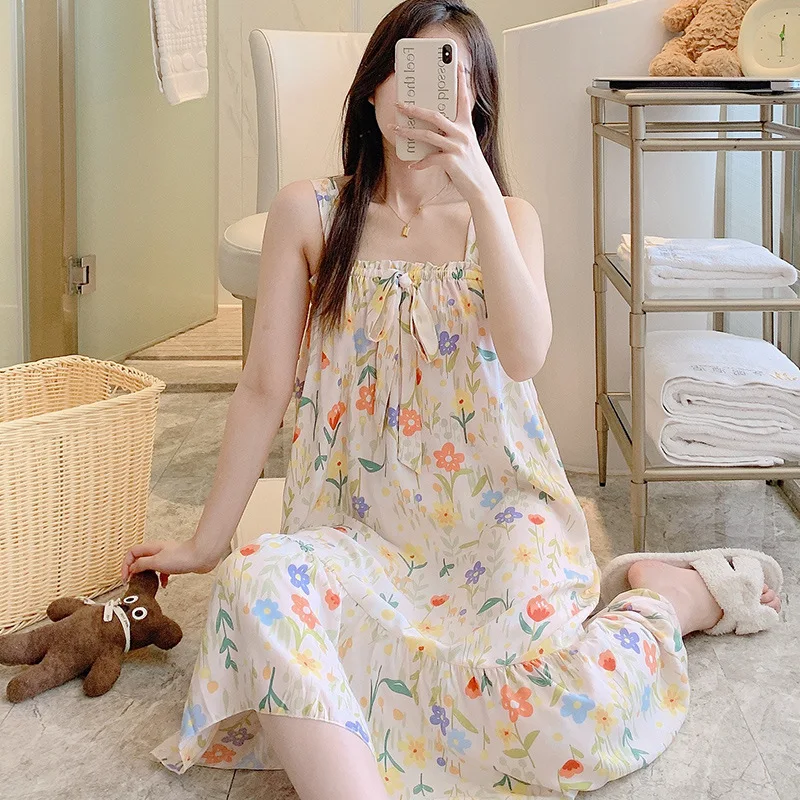 New Women's dresses 2023 Trend Loose Summer Long Length Printing Pajamas Lady's Sling Sexy Nightwear Nightdress For Sleeping