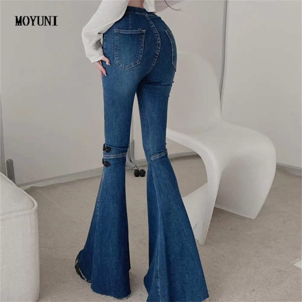 

Moyuni милые 2022 летние женские пикантные расклешенные брюки с разрезом женские узкие джинсы с высокой талией Новые Модные уличные брюки