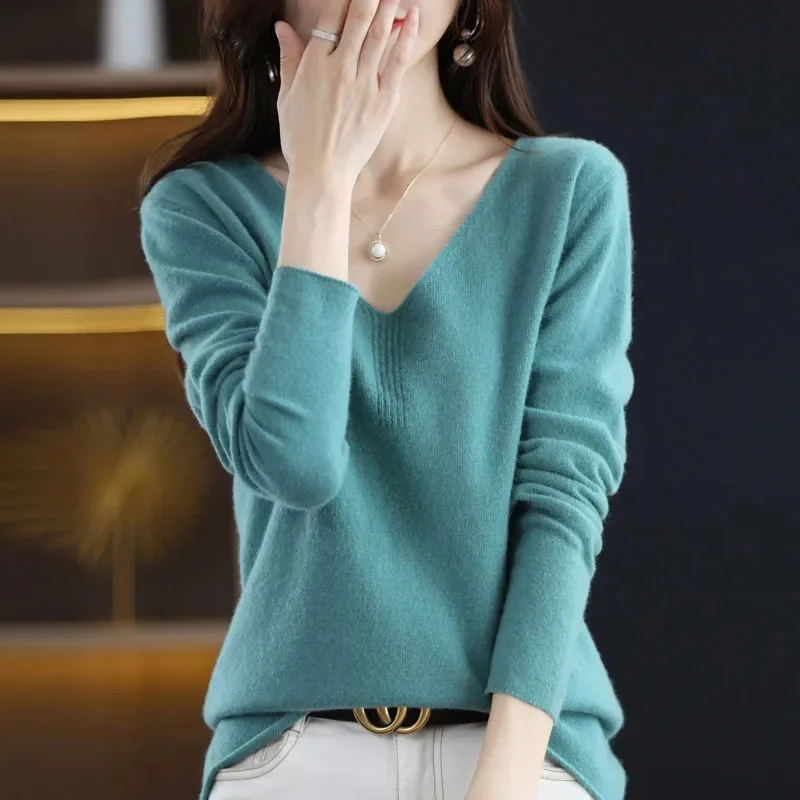 Женские свитера весна-осень 2024 вязаные пуловеры с V-образным вырезом свободная