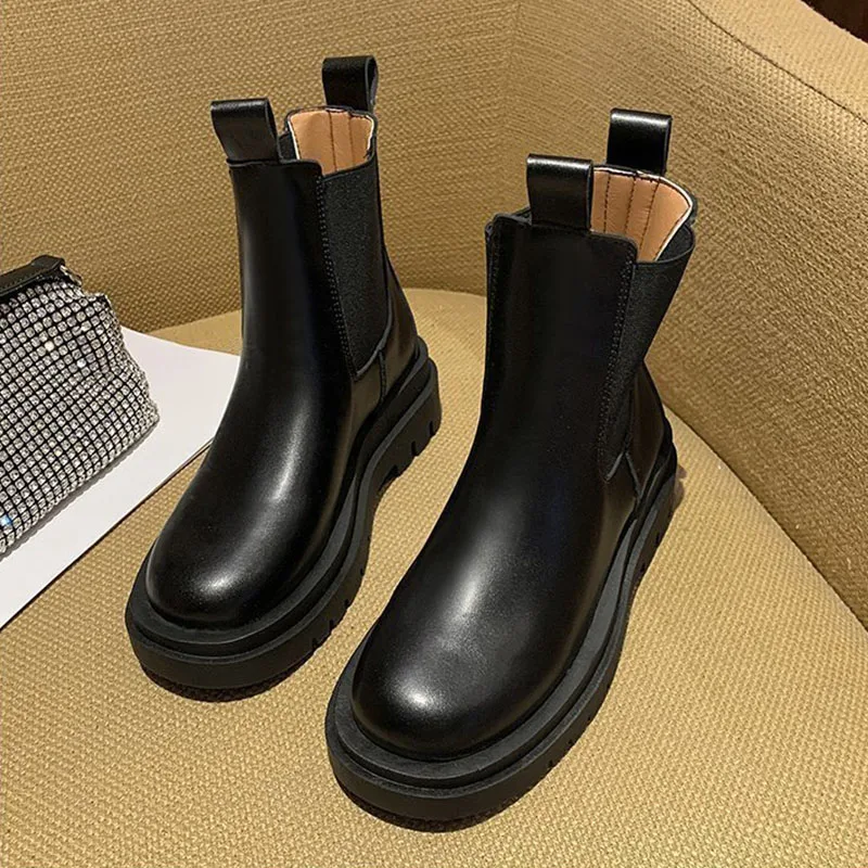 

Ботинки Челси, женская зимняя обувь, ботильоны из искусственной кожи, черные ботинки-трубы, женские модные ботинки на платформе для осени и ...