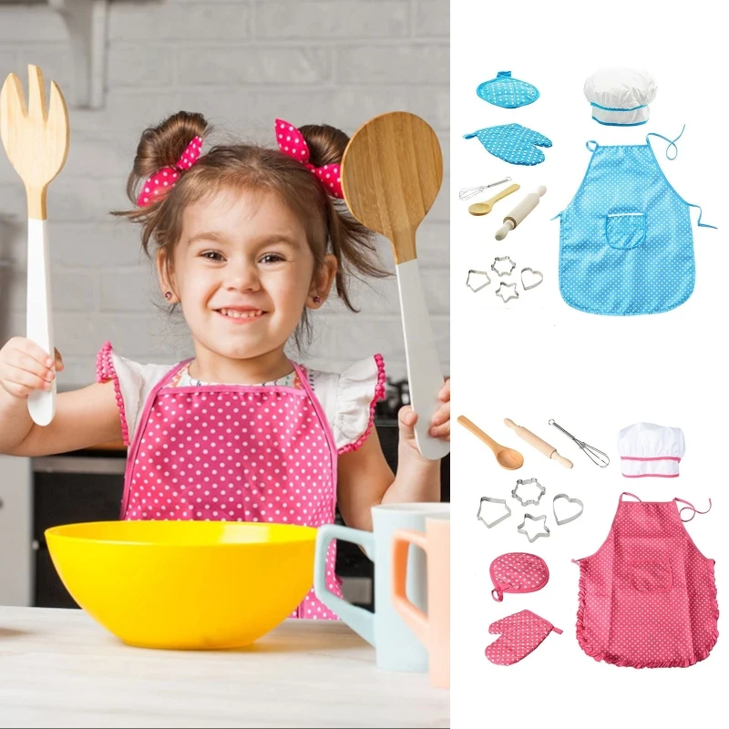 

11Pcs Apron for Little Girls Kids Cooking Baking Set Chef Hat Mitt & Utensil for Toddler Dress Up Chef Costume Role Play A2UB