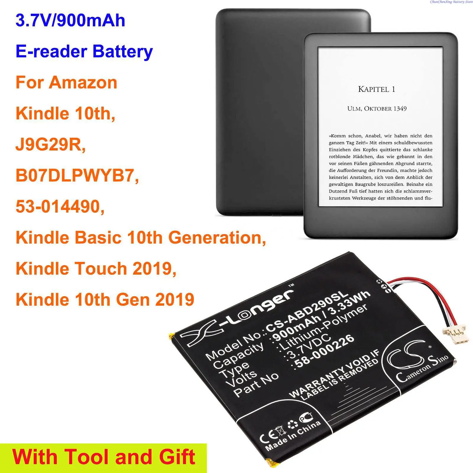 

Cameron Sino 900mAh E-reader Battery 58-000226 for Amazo n Kindle 10th,J9G29R,53-014490,Kindle Touch 2019,Kindle 10th Gen 2019