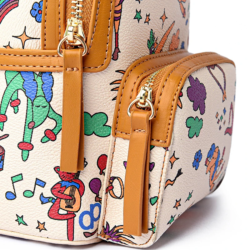 Women Fashion School Small Backpack High Quality PU Leather Cute Printing Ladies Girls Double Shoulder Bag for Travel Shopping