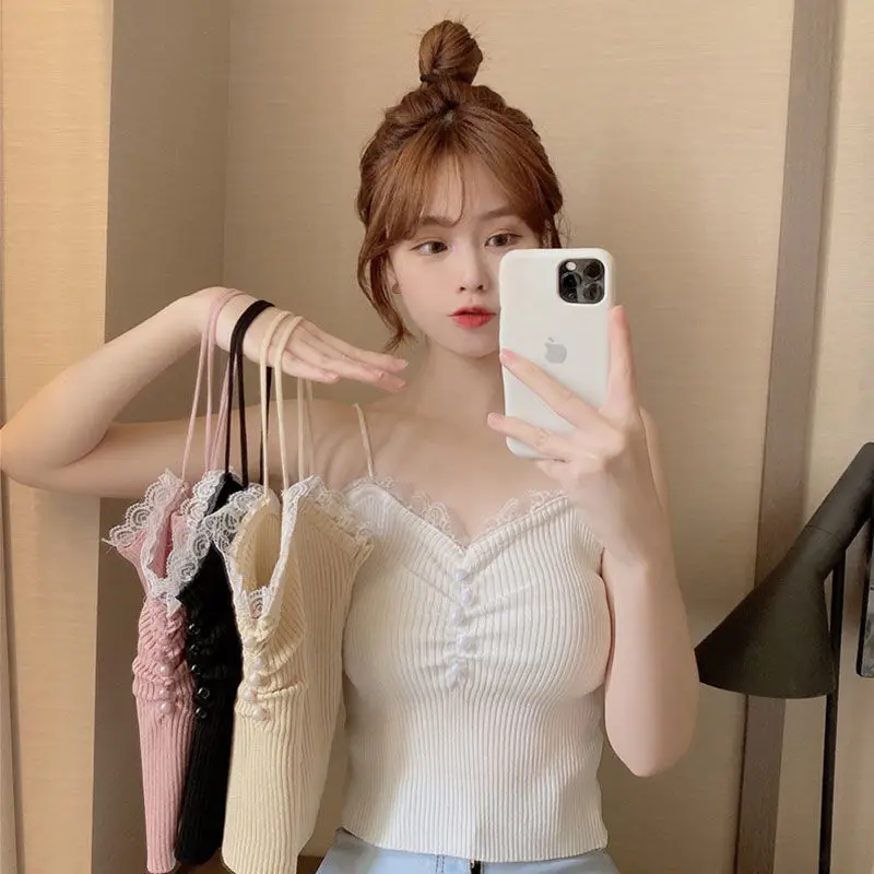 

Knitted White Lace Lace 2023 New Summer Sexy Slim-fit Short Knit Top Hipster Vest Undershirt Button Suspender Y2k Top