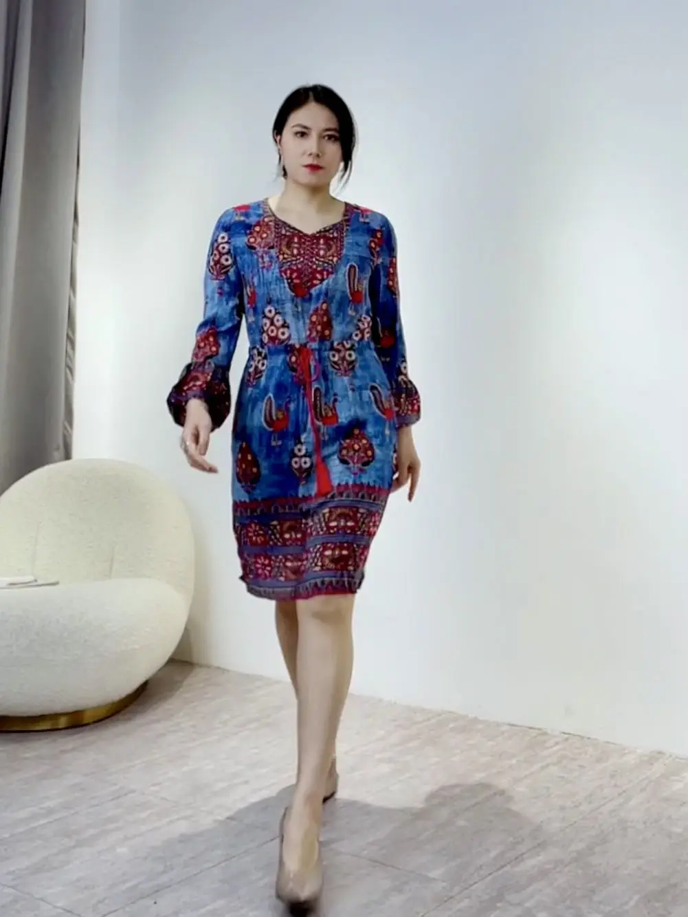

Boho Chic Printing Draw String Belt Silk Dress
