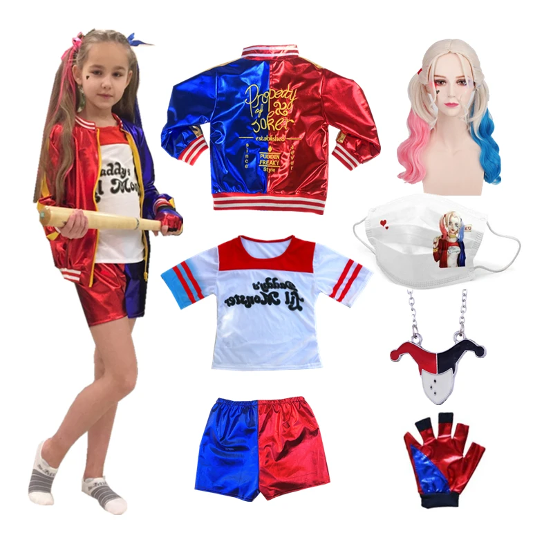 Kids Girls Harley Cosplay Costumes Quinn Embroidery Jacket Pants Sets Carnival Party Dress