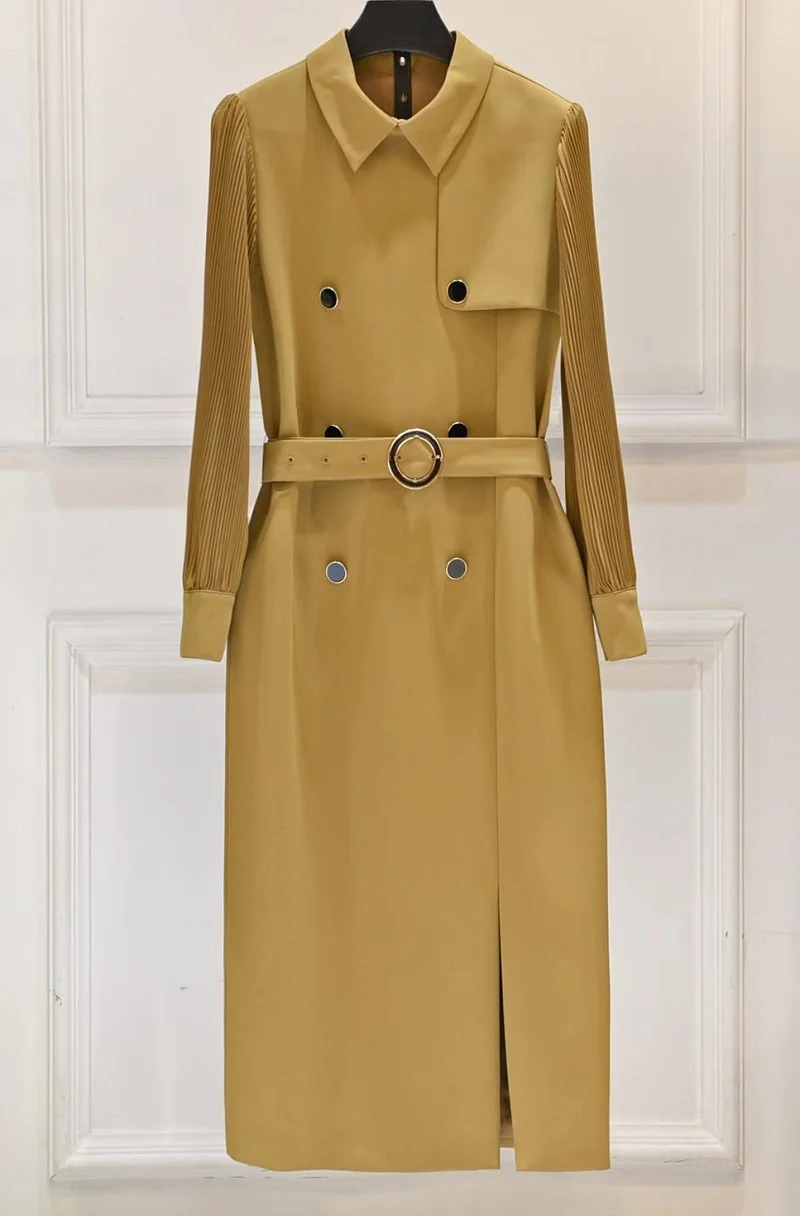 

Женское платье с отложным воротником, плиссированное платье средней длины на пуговицах, с длинным рукавом, цвета хаки, черный, осень 2022