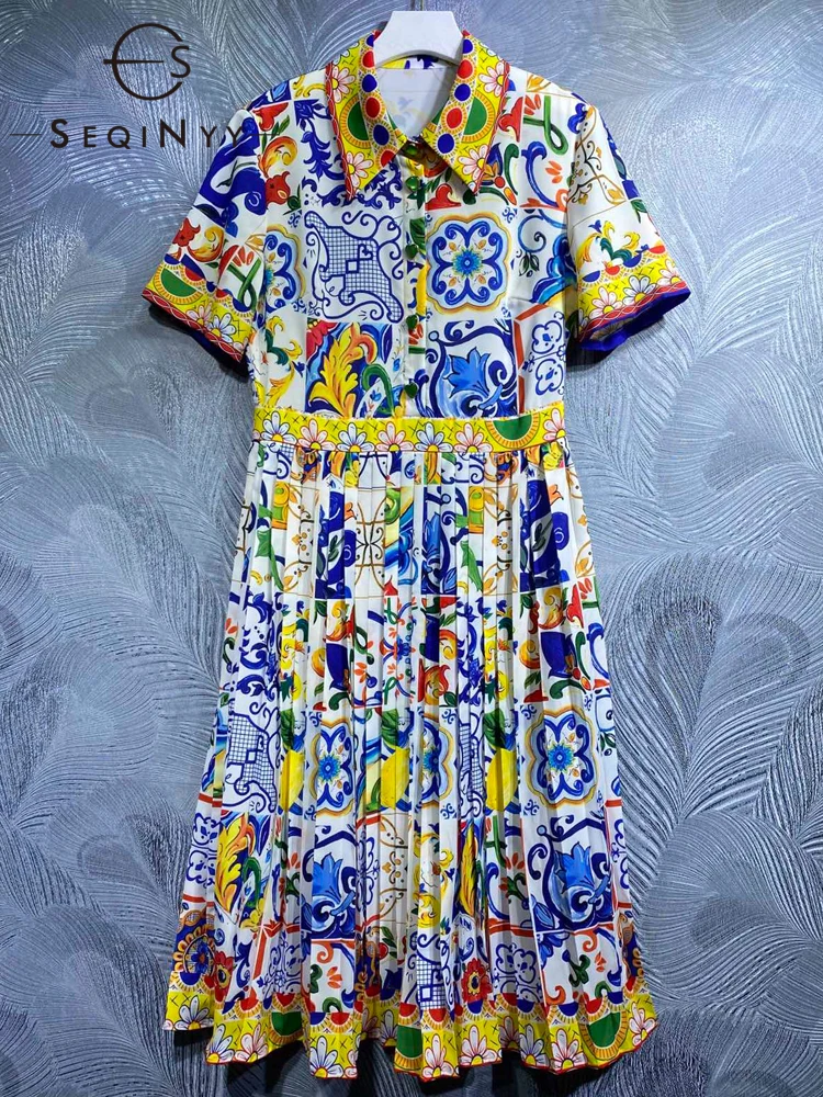 

Женское Плиссированное Платье-рубашка SEQINYY, модельное винтажное платье Сицилия в стиле High Street с разноцветным цветочным принтом, лето-весна