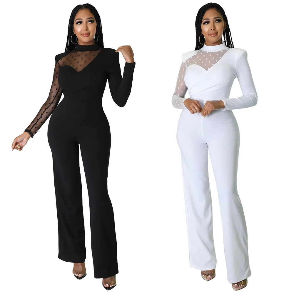 

Autumn Long Jumpsuit Women Fashion Office Ladies Polka Dot Mesh Stitching Long-sleeved Jumpsuit Women