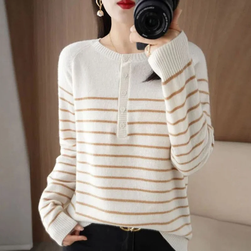 

Women Sweet Chic Striped Basic Knitwear New Spring Autumn Fashion Simple Long Sleeve Knitted Sweater Pullover Top Female Jumpers