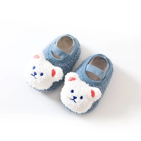 Носки-носки с мультяшным медведем, обувь для новорожденных, малышей, детей, Осень-зима, толстые теплые носки для пола, плюшевые носки для дома, для детей 0-4 лет