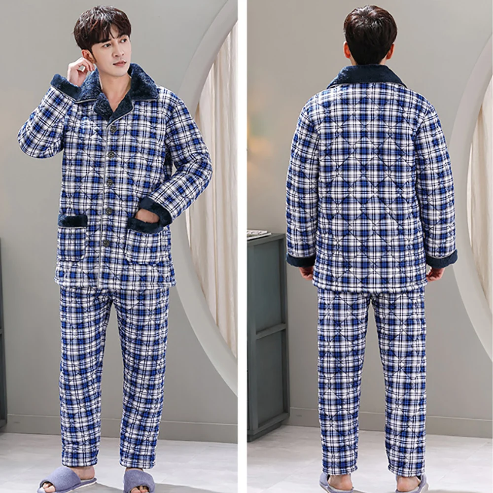 Men's Winter Pajamas Sets 3-layer Thicken Flannel Warm Sleepwear Casual Plaid Pajama Pyjamas for Men Soft Pigma Sleeping Clothes