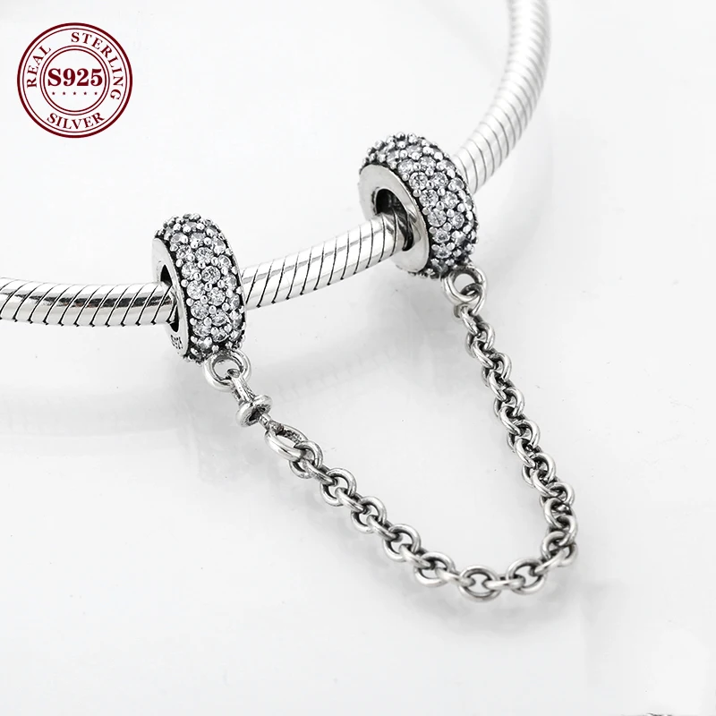 

Fashion 925 Sterling Silver DIY Round Clear CZ Fine Safety Chain Beads Fit Original Charms Bracelet Jewelry Making
