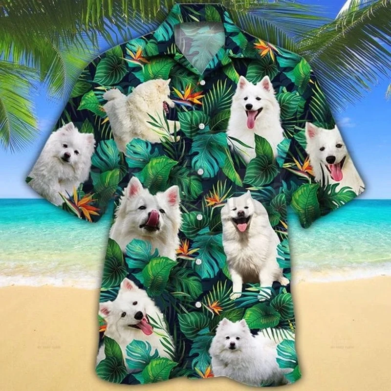Eskimo Dog Lovers Tropical Leaves  3D All Over Printed Hawaiian Shirt Men's For Women's Harajuku Casual Shirt Unisex