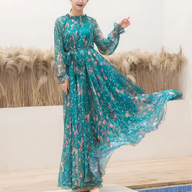 2023 Boho Floral Print Party Dress Women Vestidos Elegant Fashion Loose Chiffon Long Sleeve Muslim Abaya Islamic Clothing Robe