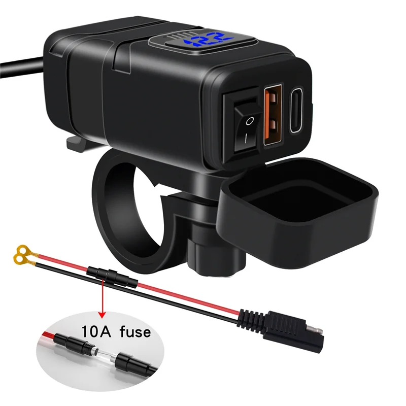 

Powstation QC3.0 Motorcycle USB+Type-C Charger Waterproof Cell Quick Charger Autocycle USB Socket with Voltmeter Blue