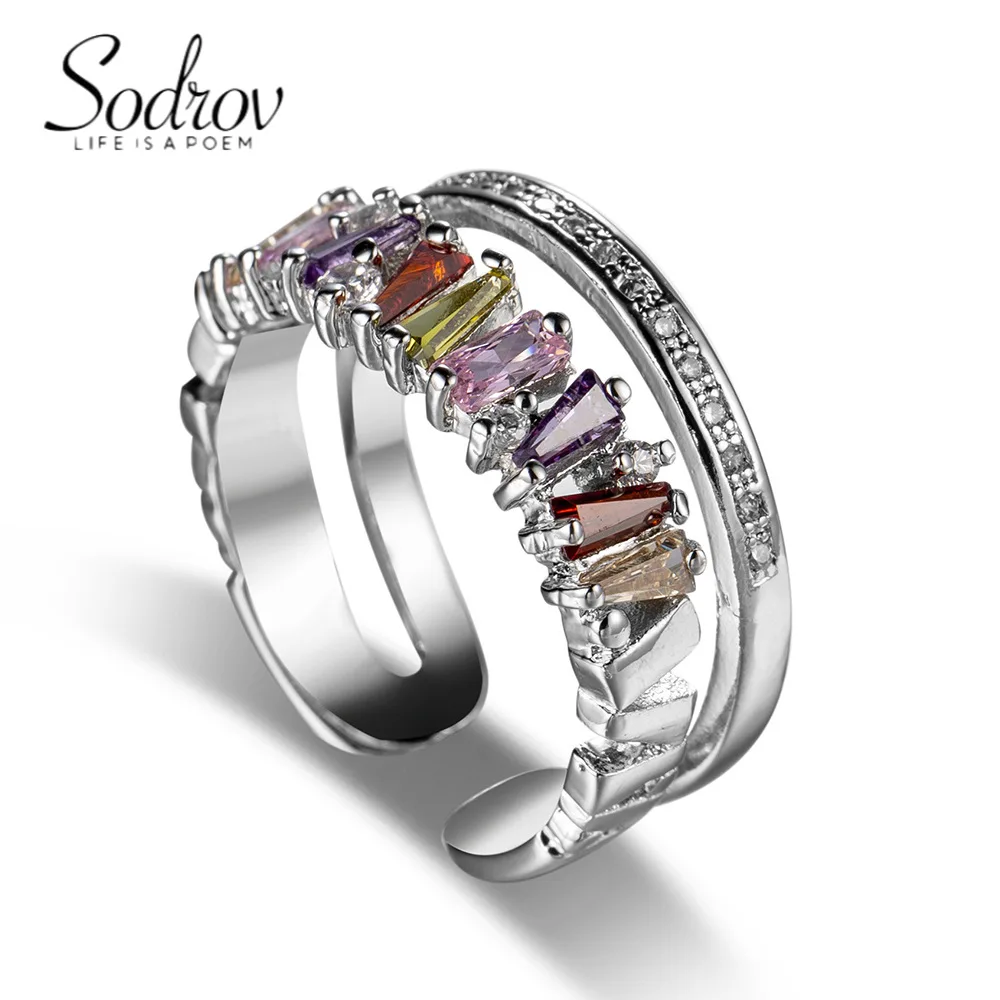 

SODROV Luxury Rainbow Jewelry Colorful Crystal Zircon Rings for Women Engagement Wedding Open Ring