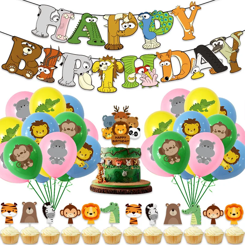 

Children's Birthday Party Background Jungle Safari Forest Animal Theme Banner Cake Topper Balloon Decoration Atmosphere Props
