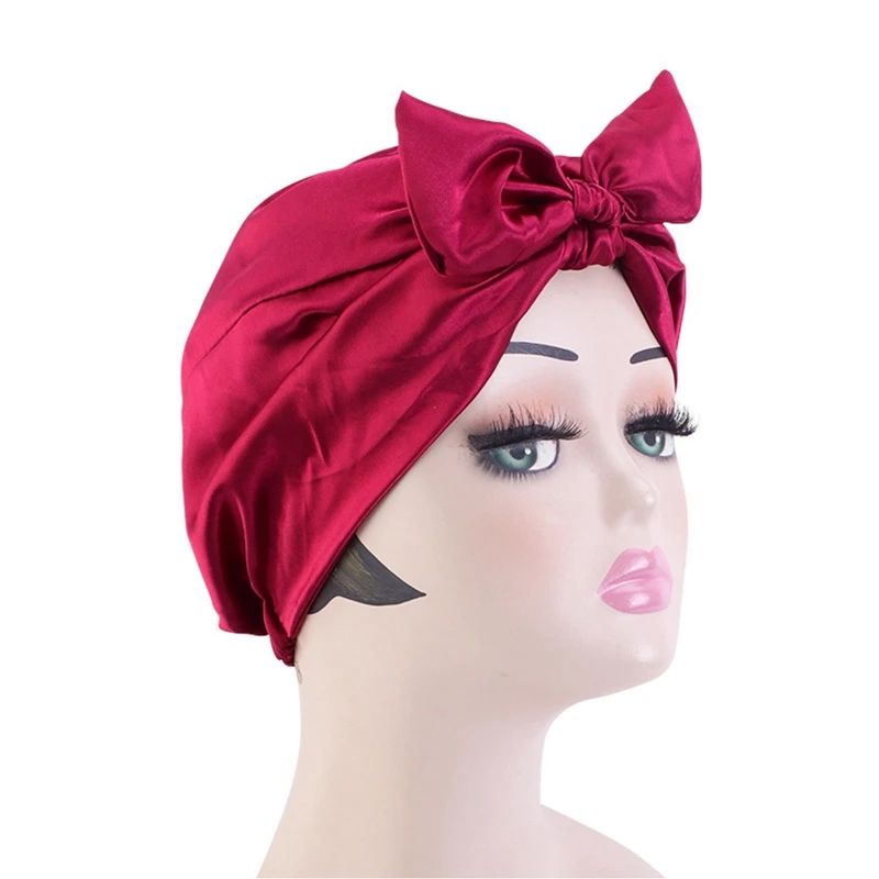 

Women Bowknot Silky Stain Turban Night Sleeping Cap Hair Care Elastic Bonnet With Head Tie Band Shower Make Up Hat