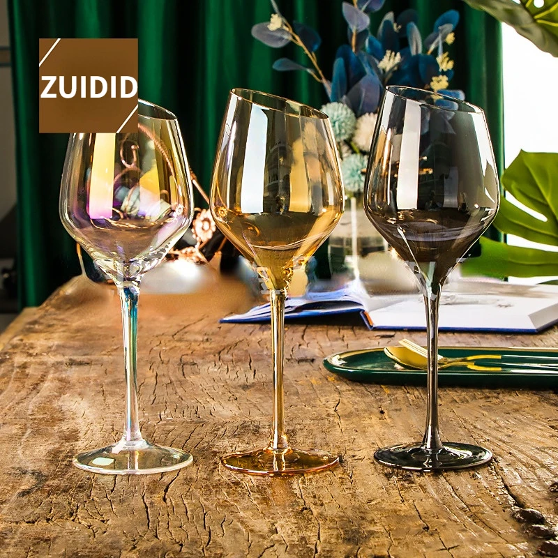 

Creative Colorful Wine Glass Amber Champagne Glass Oblique Mouth Red Wine Glass Colorful Ion Plated Crystal Glass Goblet