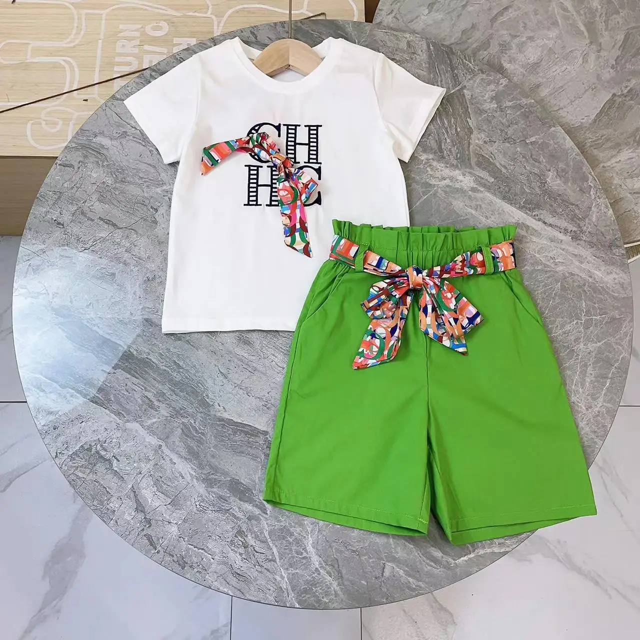 

High-end customized 2023 summer new girls' simple foreign style letter printing casual fashion two-piece set