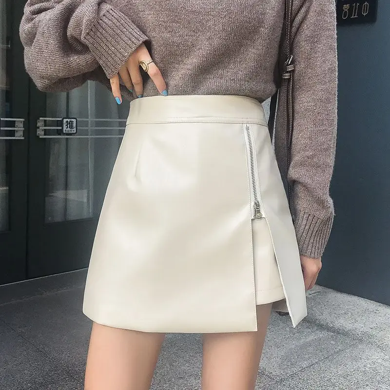 MOUKYUN Beige Zipper Leather Skirt Women Mini Shorts Skirts For Woman Sexy High Waist Winter PU Pencil Skirt Femme Saias Faldas