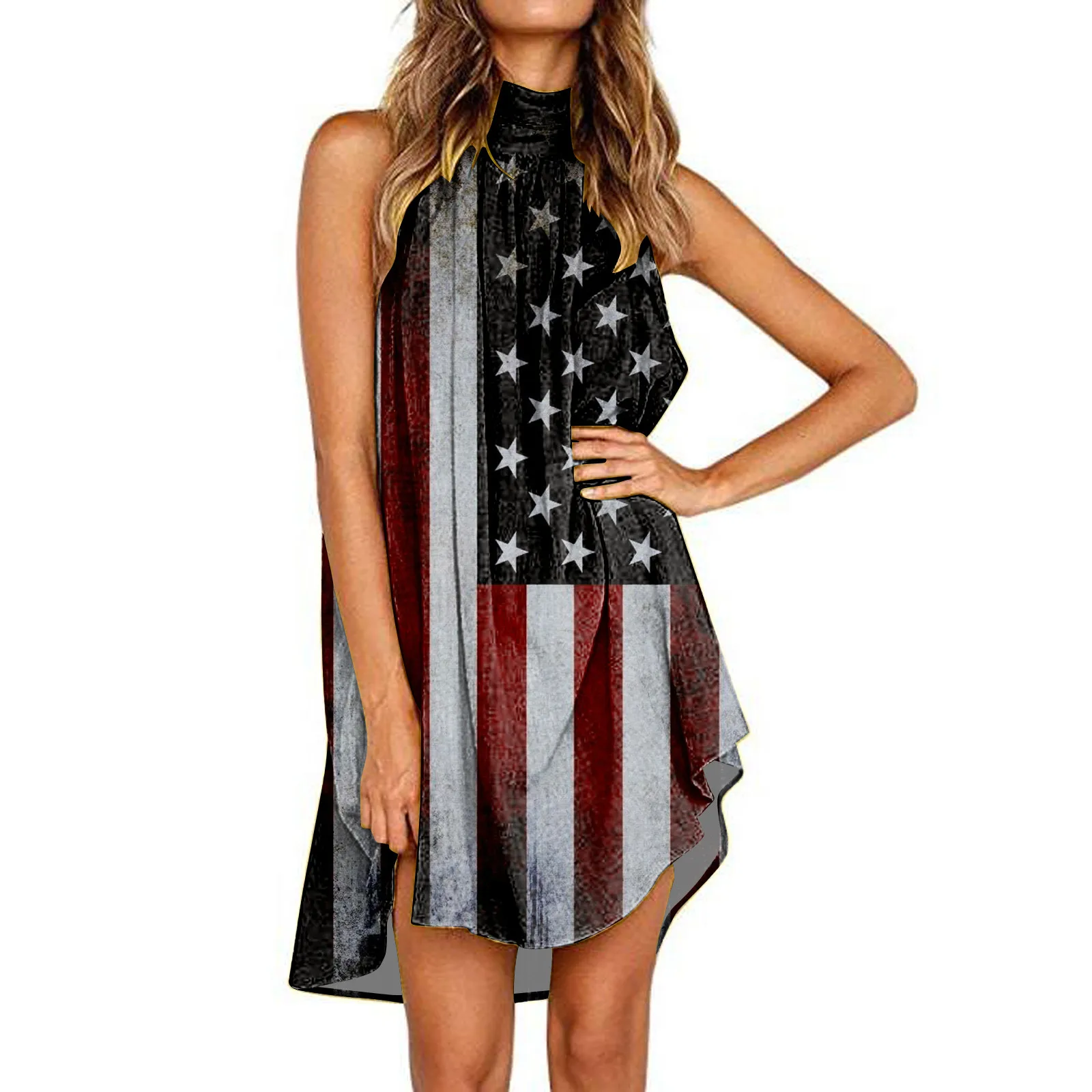 

Women Independence Day Print Summer Dresses For Halter Neck Sundress Flowy Sleeveless Knee Length Knit Summer Dress Long Dresses