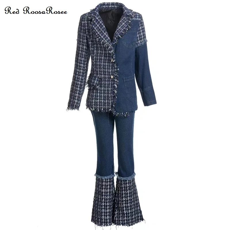 

Red RoosaRosee Turn-down Collar Single Breasted Long Sleeve Tweed Blazer Cowboy Flare Pants Autumn Sets 2022 Women Suit Twinset