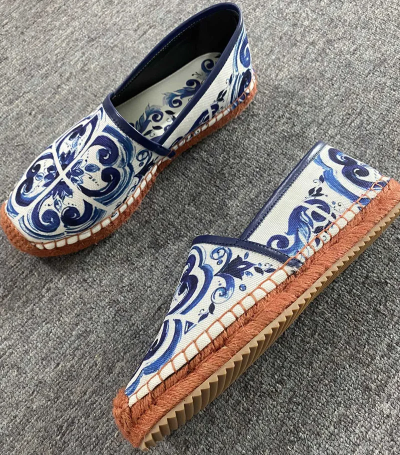 Newest Blue and White Porcelain Cloth Fishman Flats Shoes Rope Braided Thick Sole Woman Comfortable Slip On Loafer Shoes